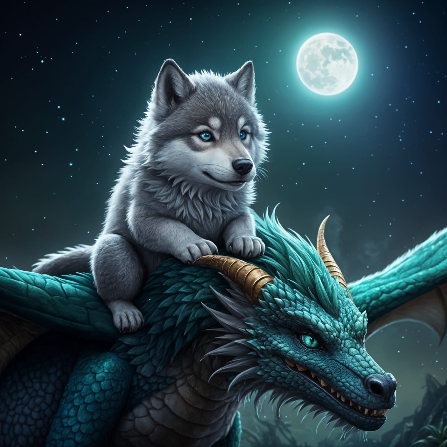 Wolf Puppy Rides Magical Dragon in Moonlit Night