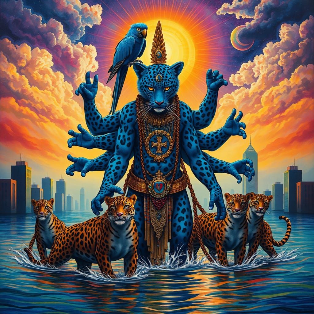 Blue Leopard Shaman in Flooded Cityscape