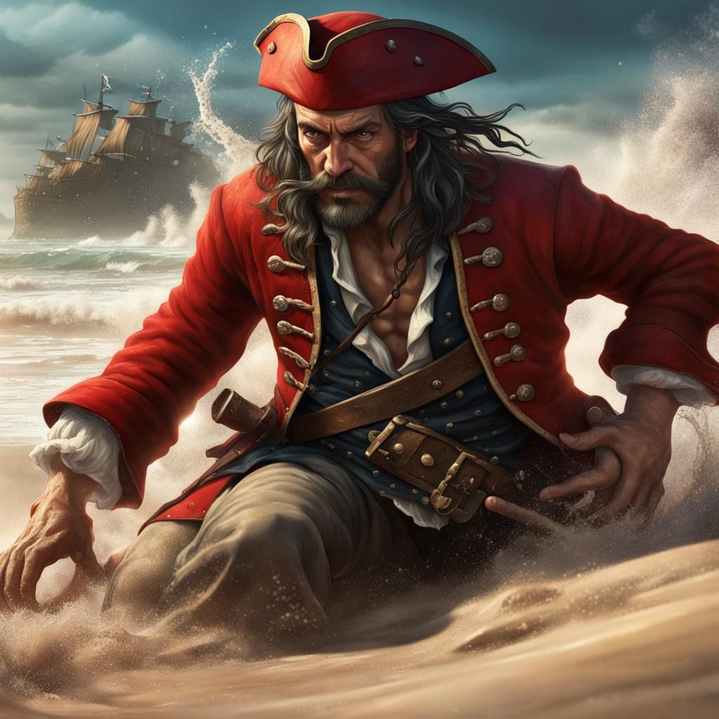 Pirate on Wavy Beach: Dark Fantasy Concept Art