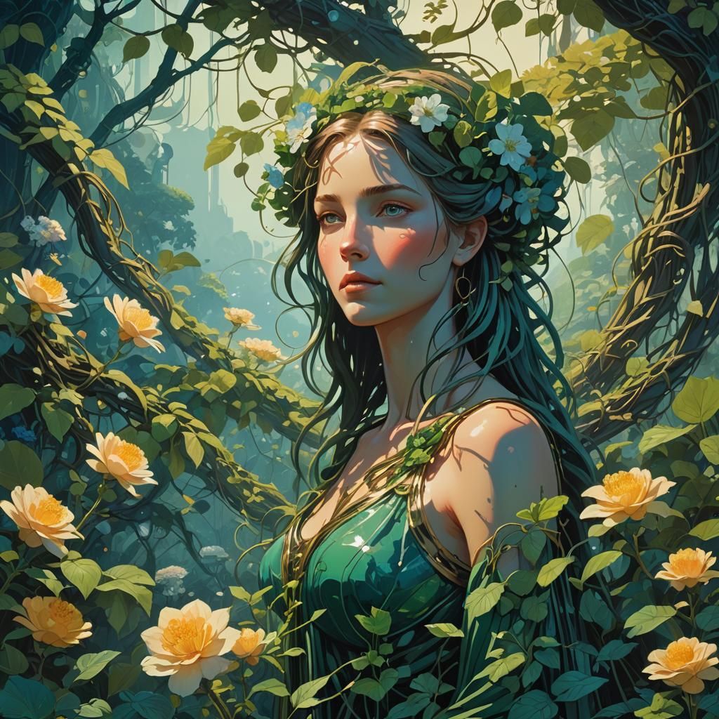 Venus in a Lush Biomechanical Garden