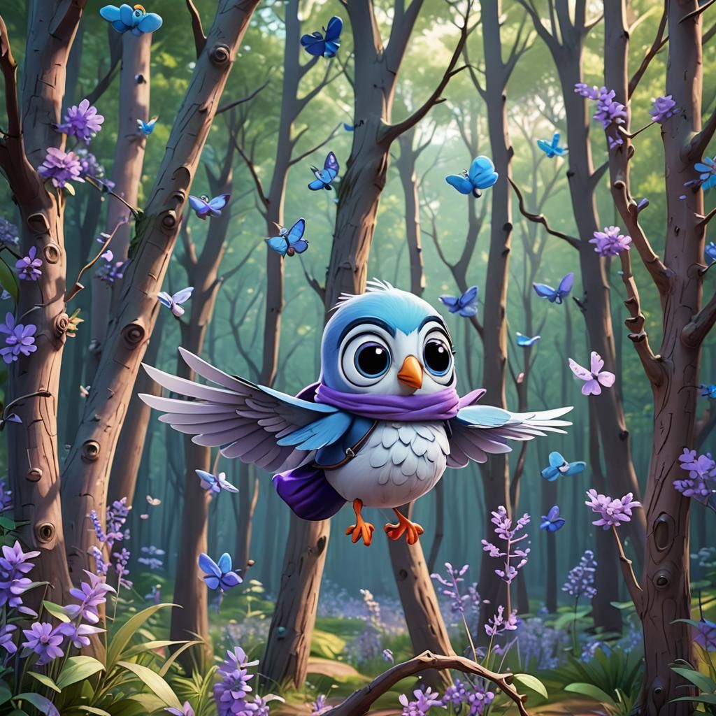 Cute Blue Bird Flying Over Whimsical Forest