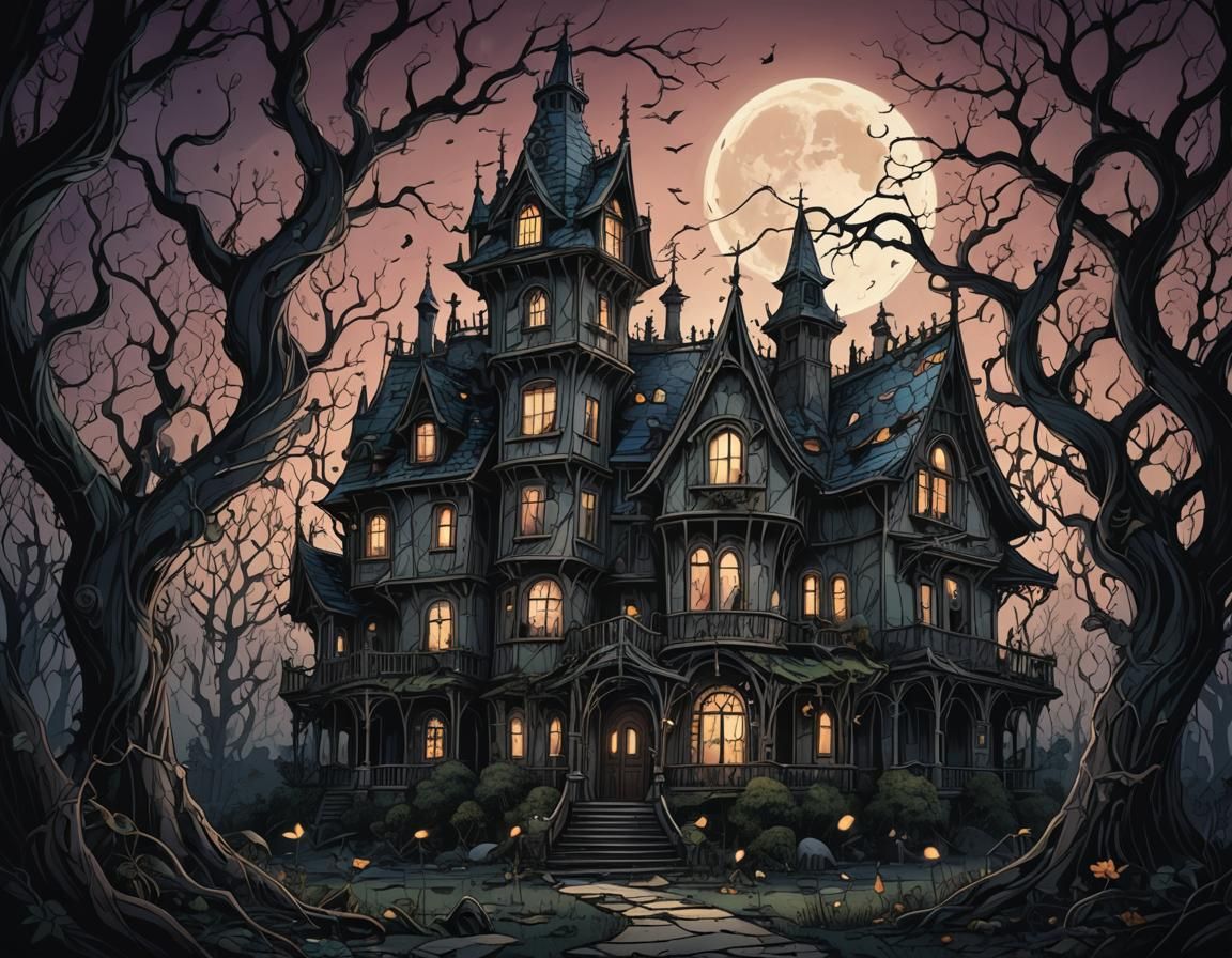 Crooked Haunted House in Dark Fairy Tale Style