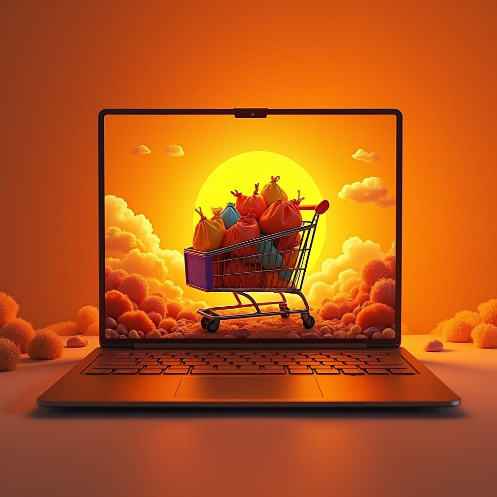 Vibrant Notebook with Futuristic Shopping Cart Scene in Oran...