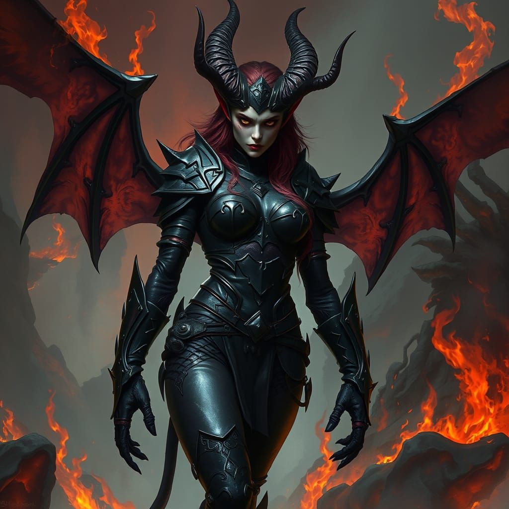 Female Demon in Hellish Realm, Dark Fantasy Art
