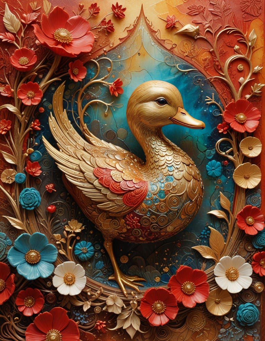 Surreal Biker Duckling Landscape in Mixed Media Style