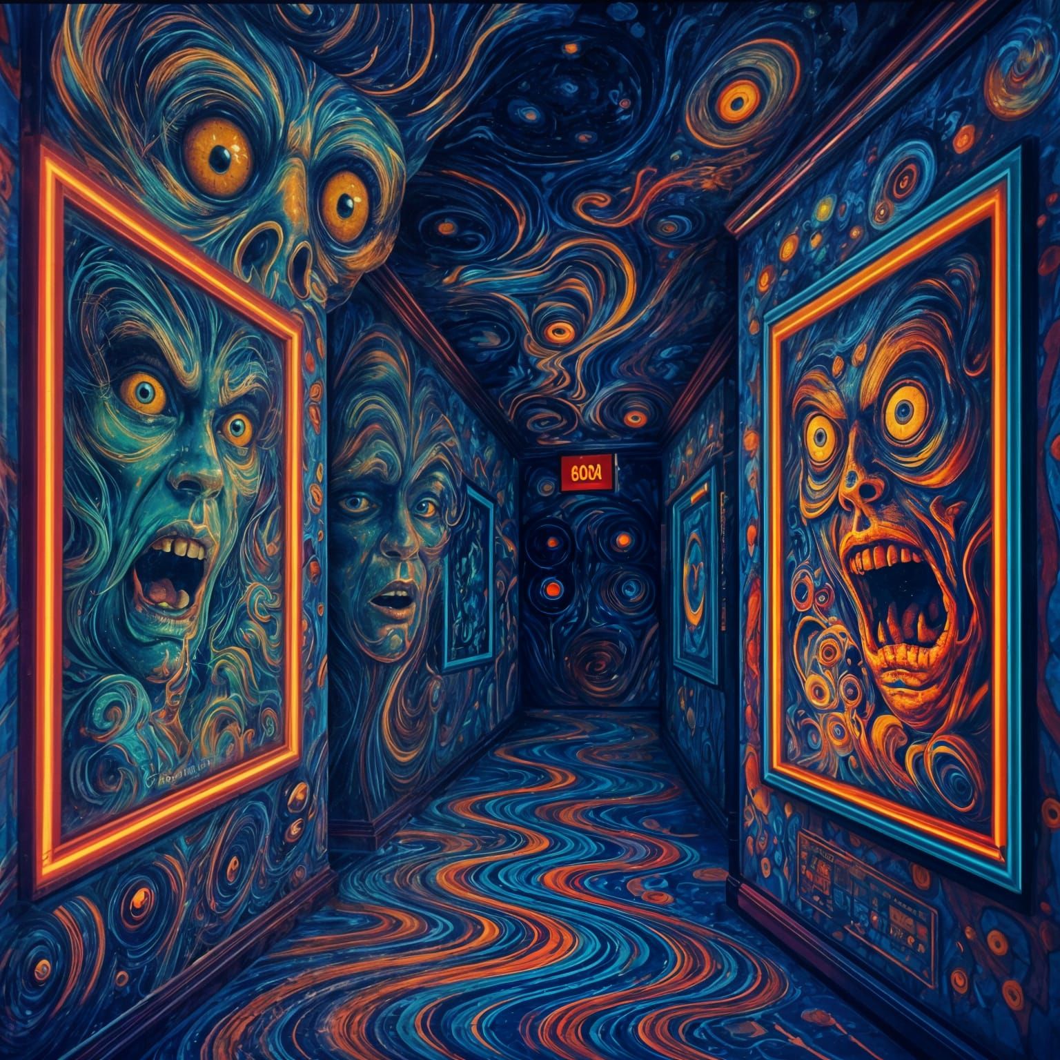 Hallucinatory Movie Theater Hallway with Animated Posters