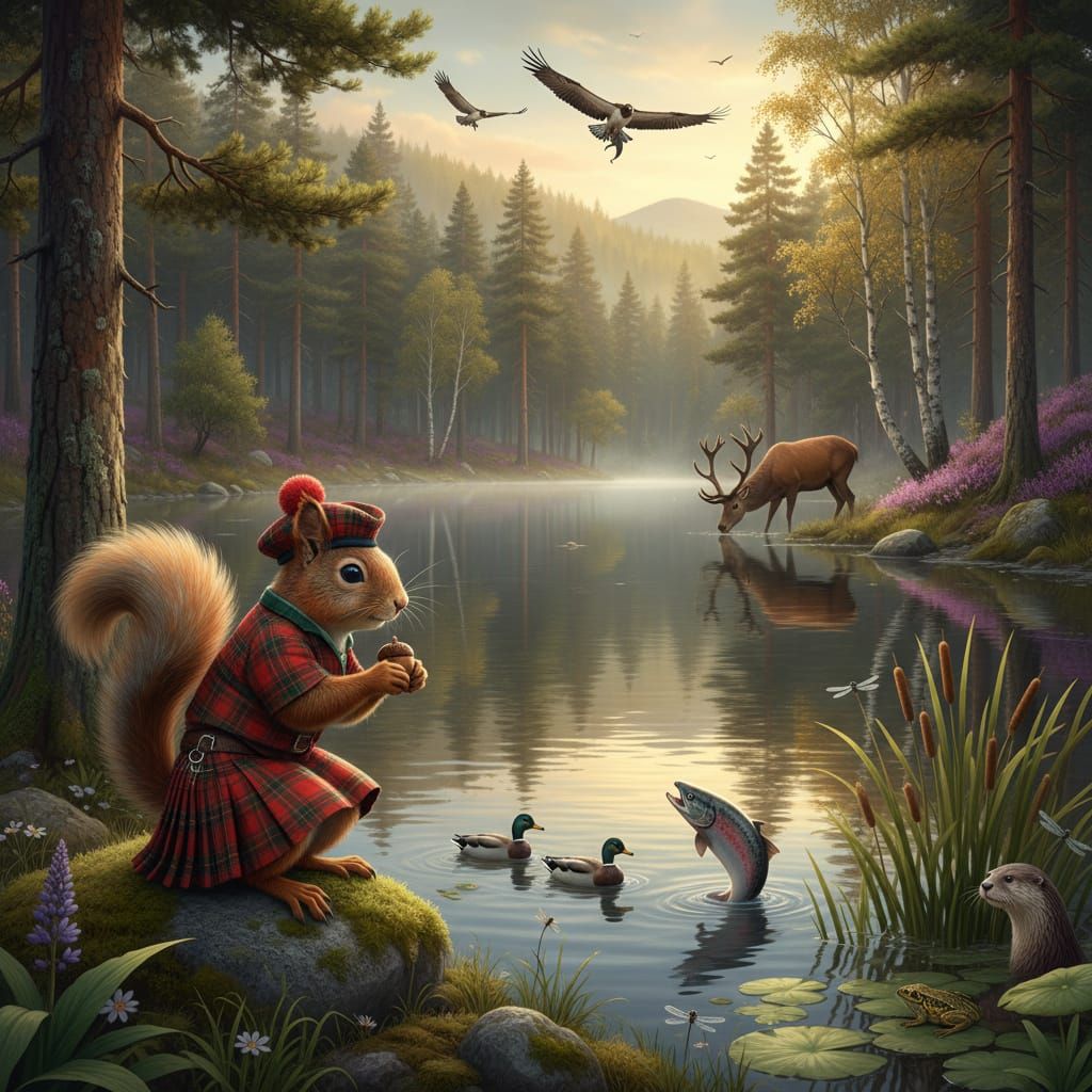 Scottish Squirrel in Tartan Overlooking Lakeside Woodland