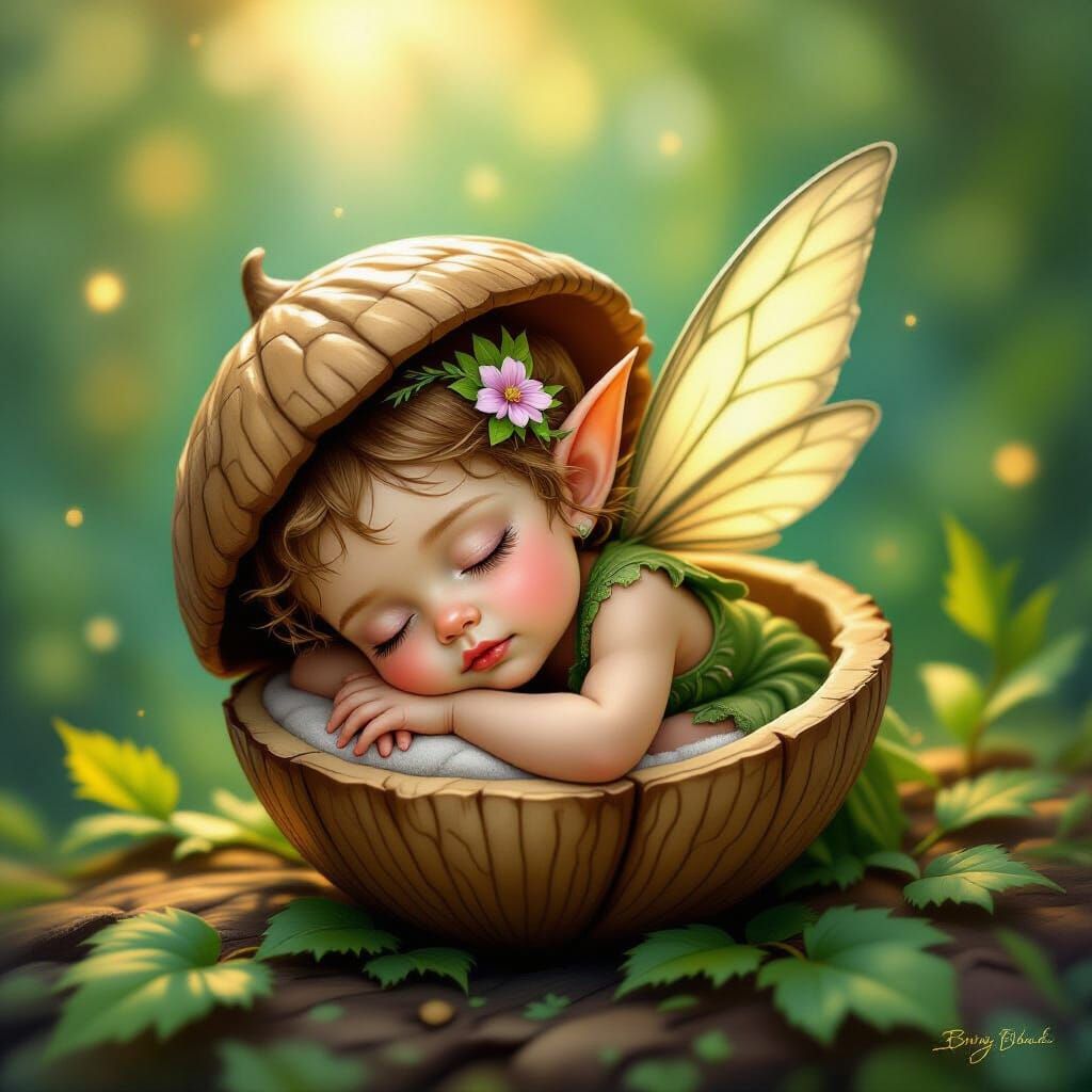 Baby Fairy Sleeping Peacefully in Acorn Cap