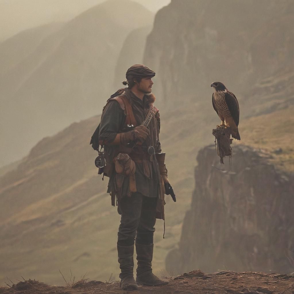 Falconer and Falcon in Sweeping Landscape, Cinematic Gouache