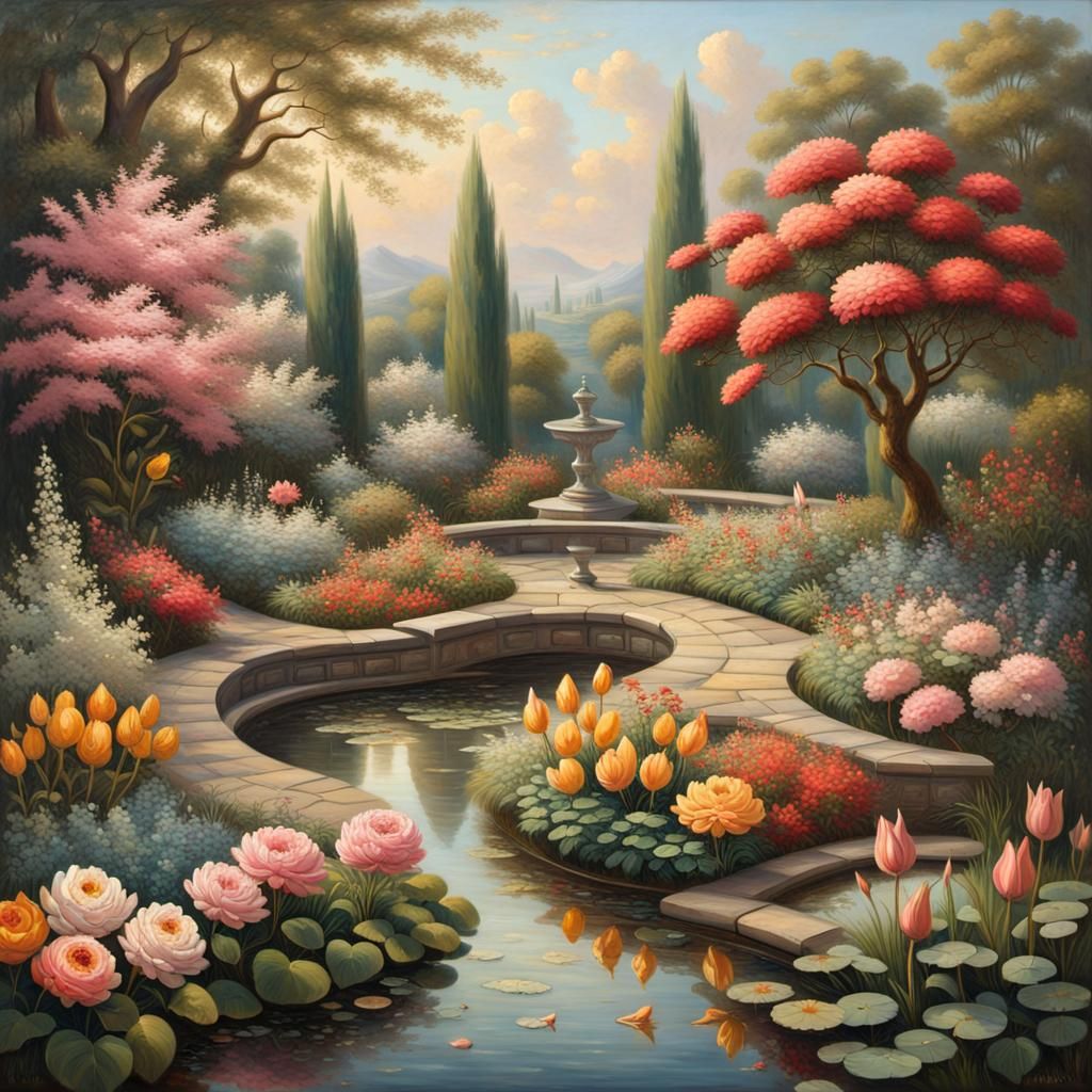 Vibrant Garden Oil Painting in Hyperrealistic Style