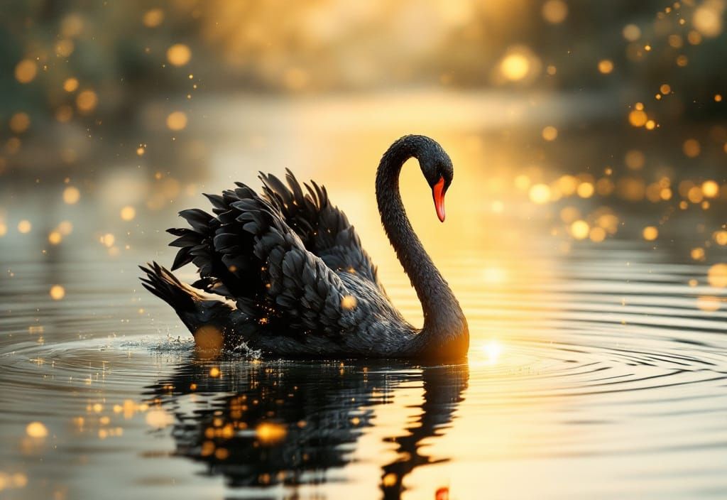 Surreal Black Swan Watercolour on Golden Lake