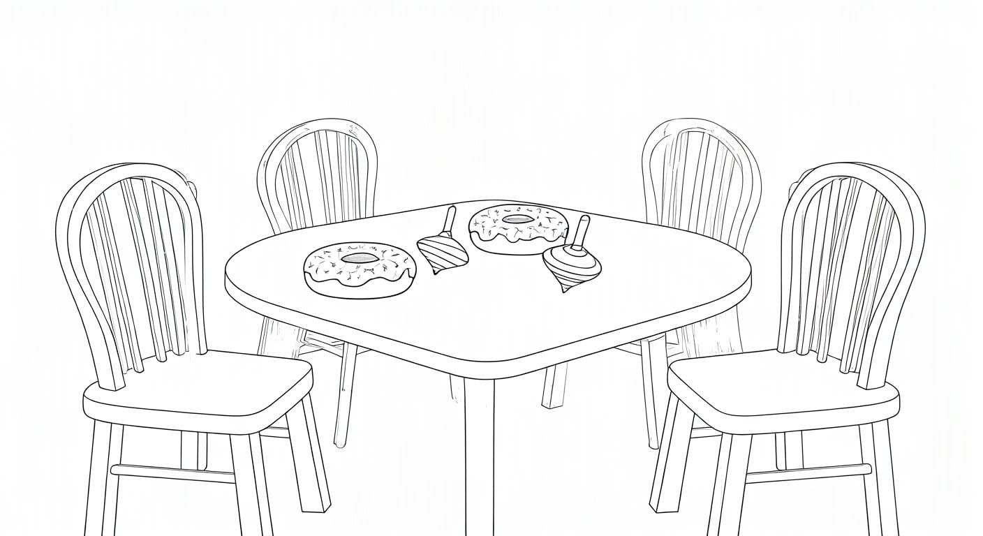 Whimsical Table Scene in Cartoon Style Black and White Illus...
