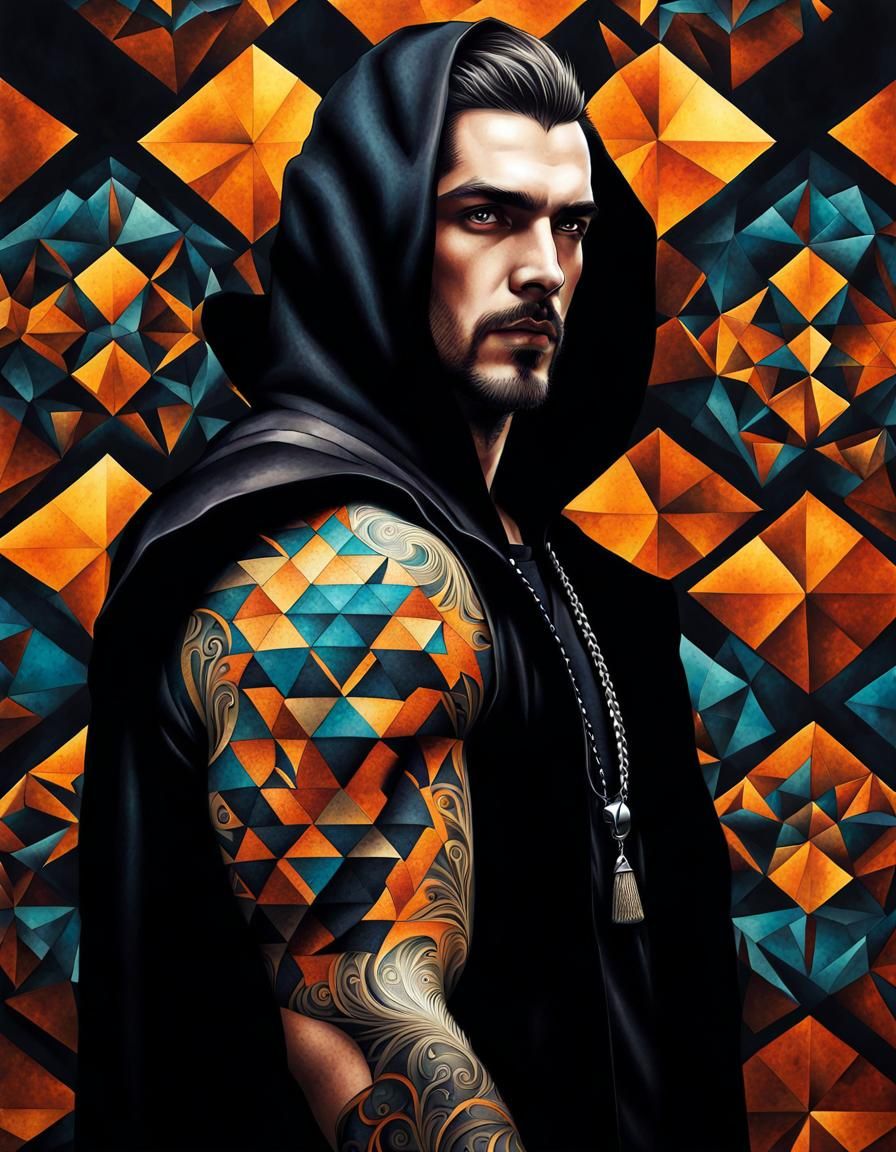 hooded guy, with tessellation tattoo sleeve