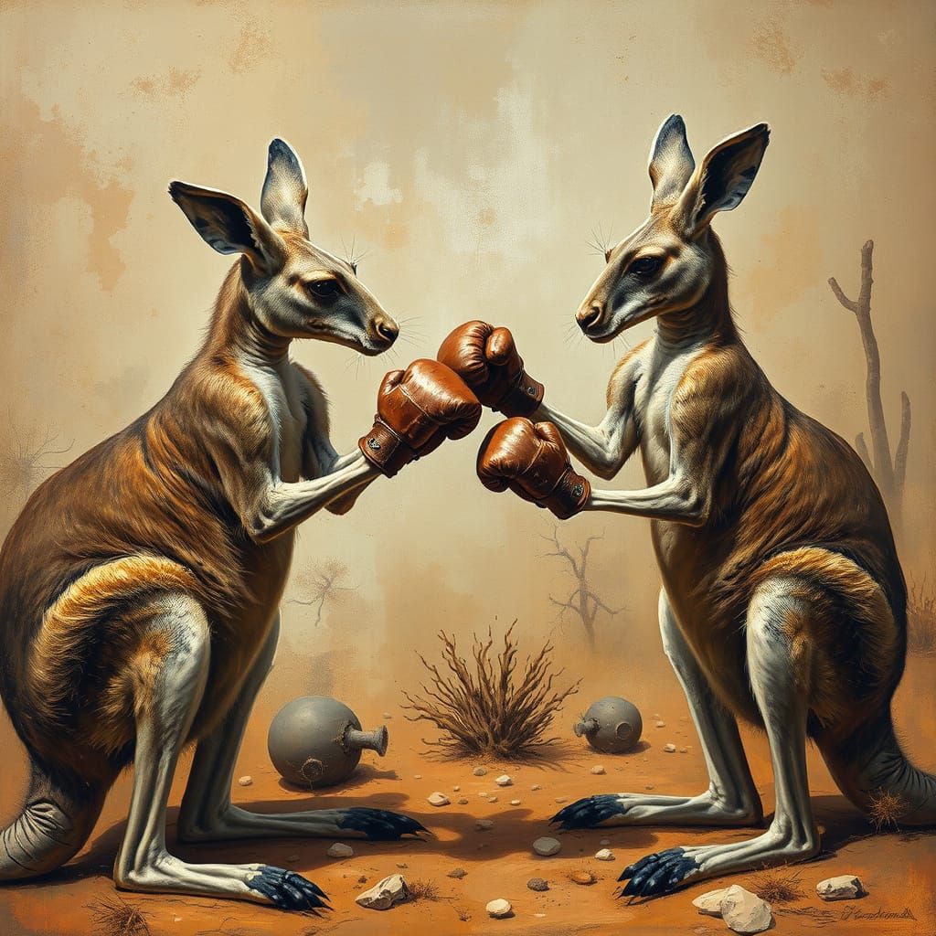 Kangaroos Boxing in Outback as Oil Painting