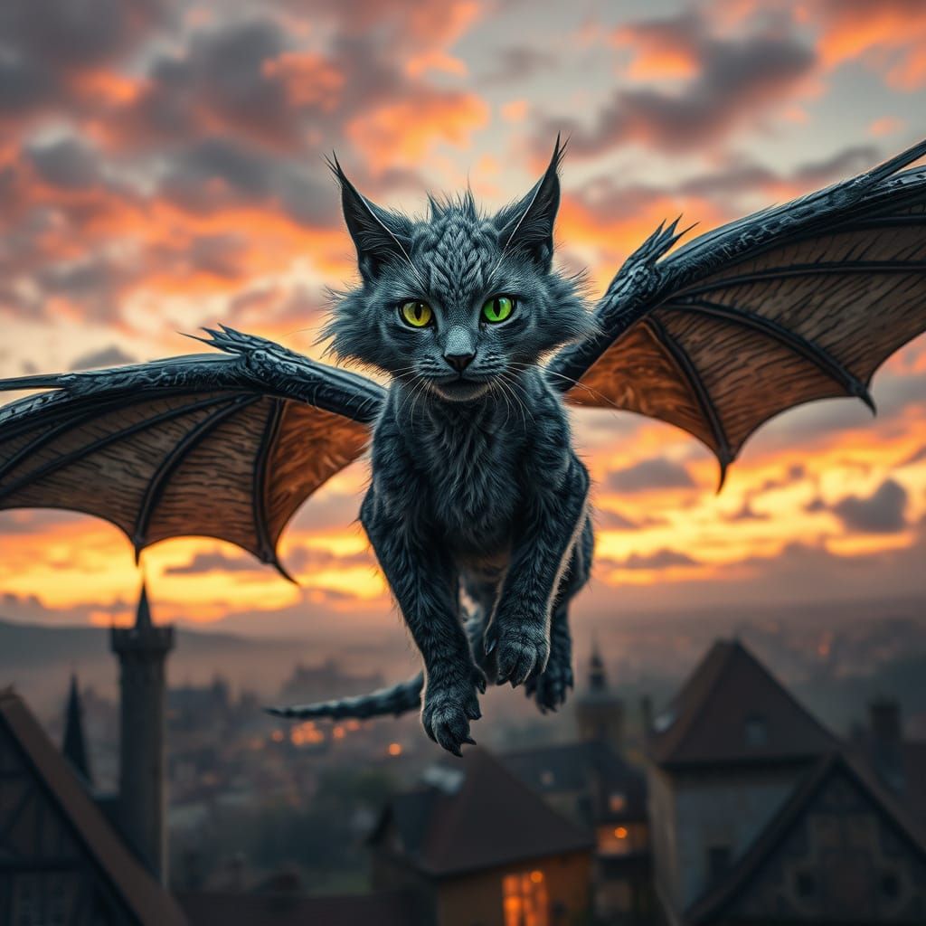 Regal Cat-Dragon Soars Through Twilight Skies