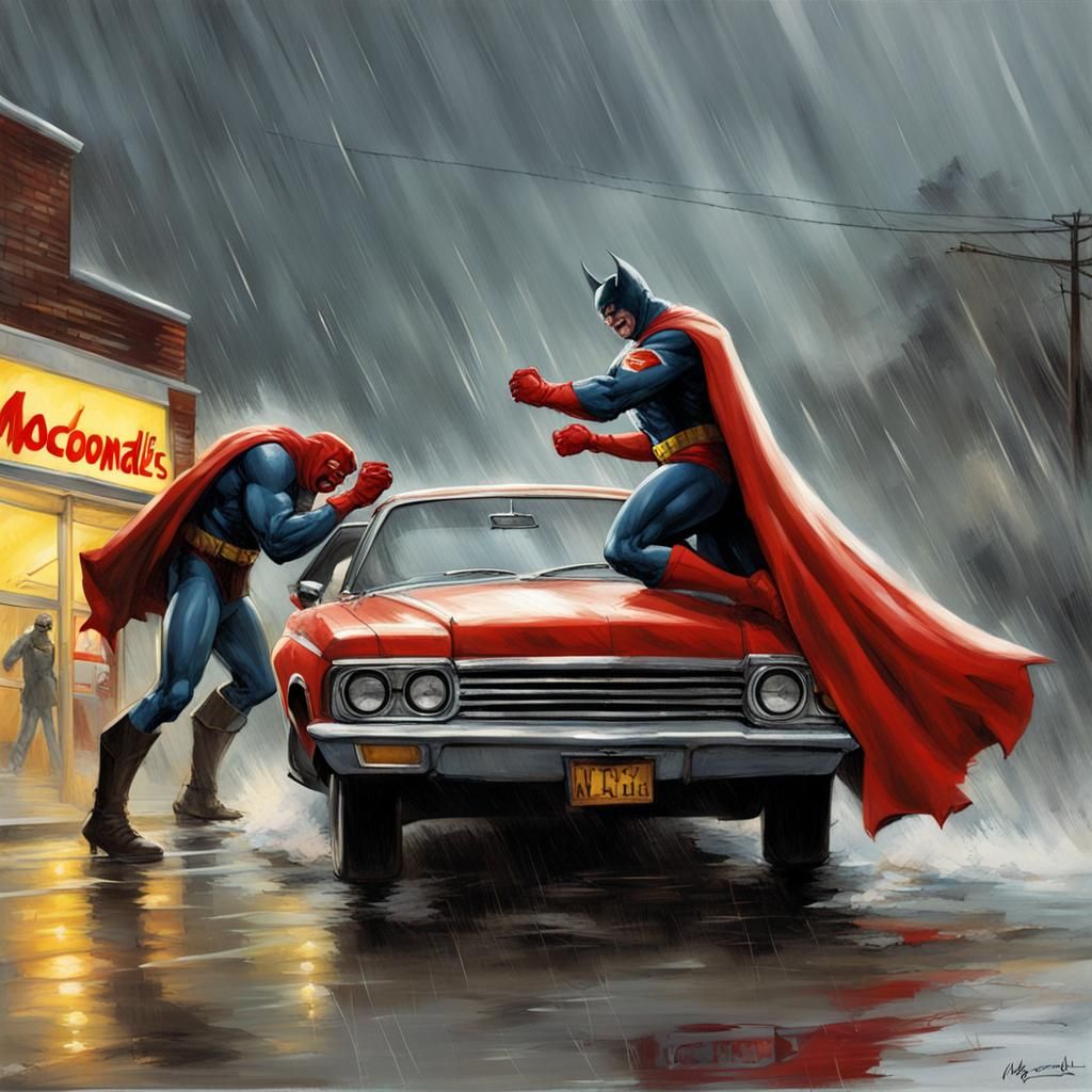 Superheroes Brawl in Stormy Car Park