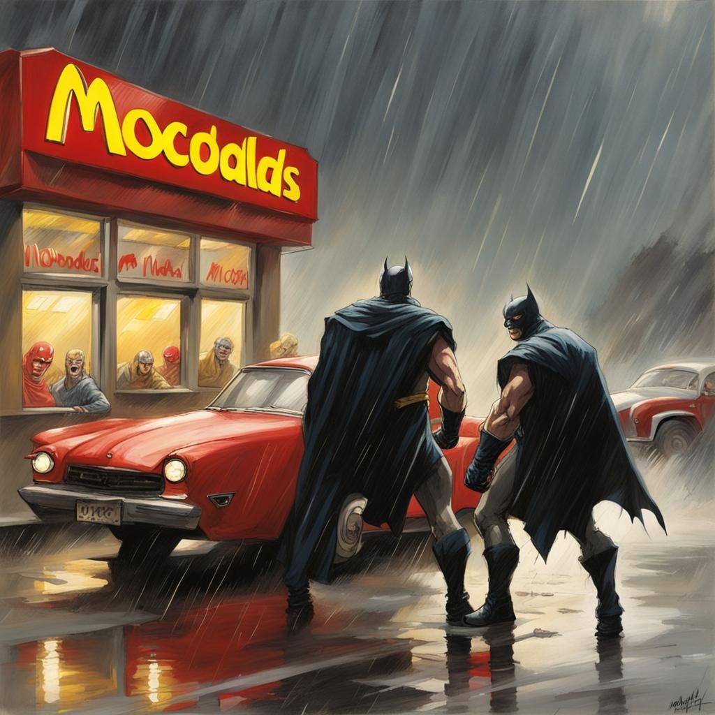 Sinister Superhero Brawl Outside McDonald's in Storm