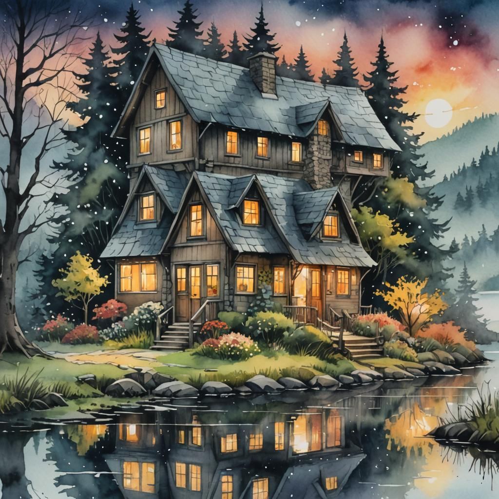 A watercolor painting featuring a close up cozy cottage trees misty lake gentle wind