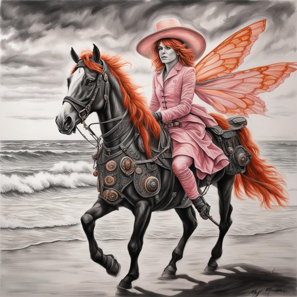 Steampunk Fairy Portrait on California Beach in Charcoal
