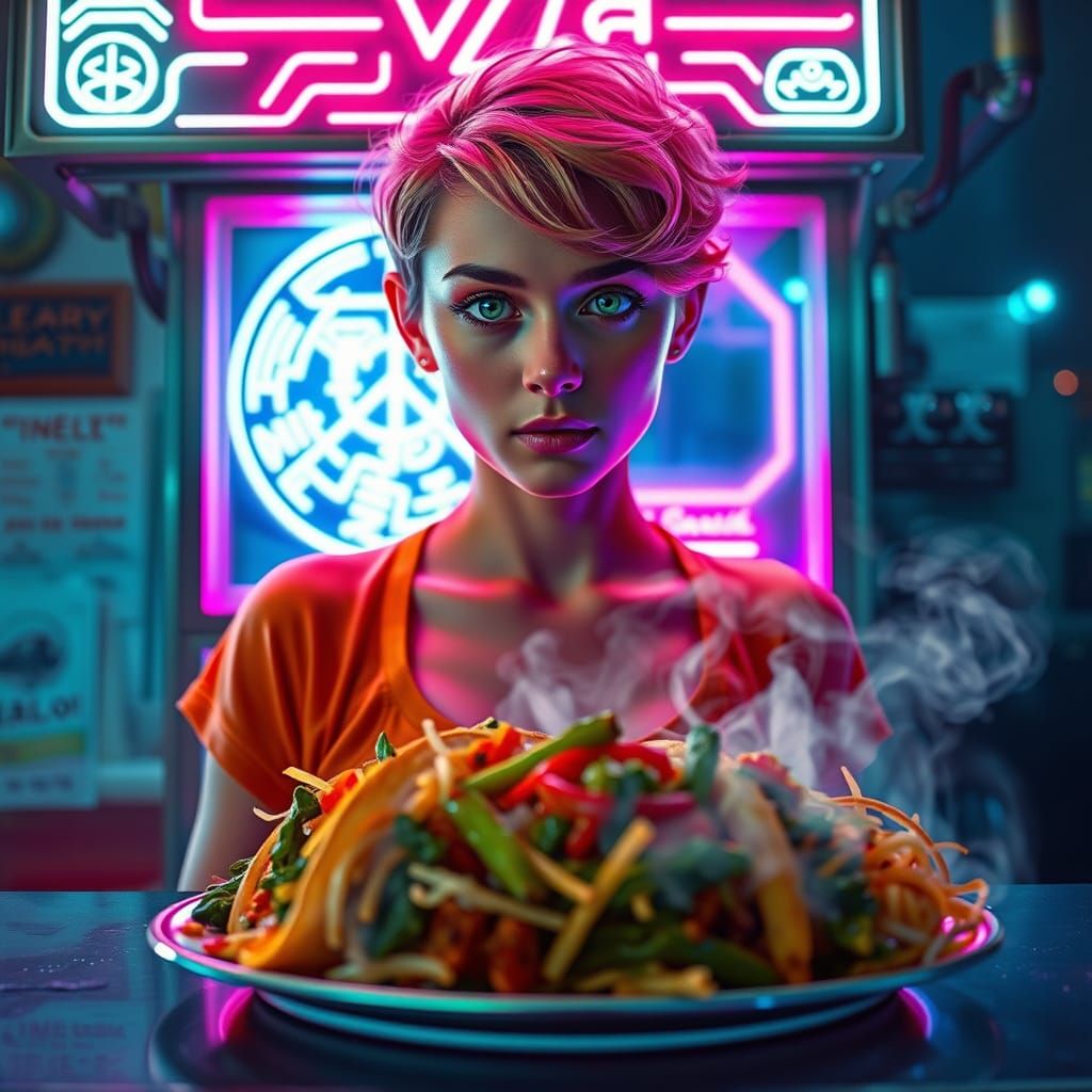 Surreal Futuristic Food Cart Scene in Neon Aesthetic