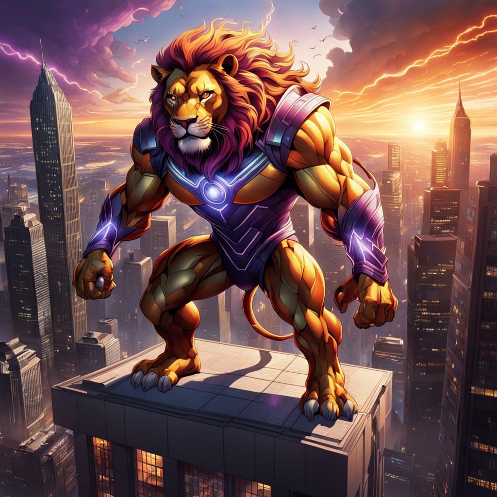 Lion Overlooking the City in DC Comic Style
