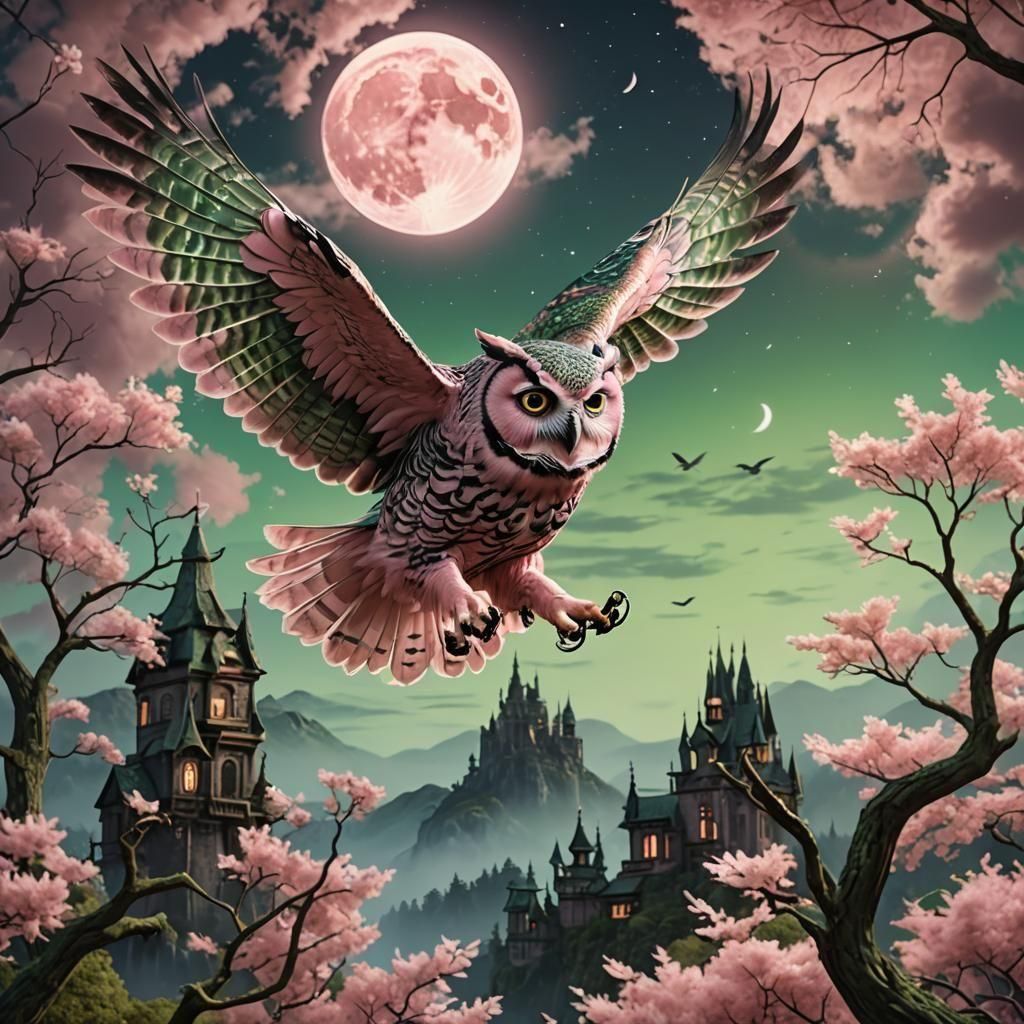 Pastel Owl in Flight Before the Moon