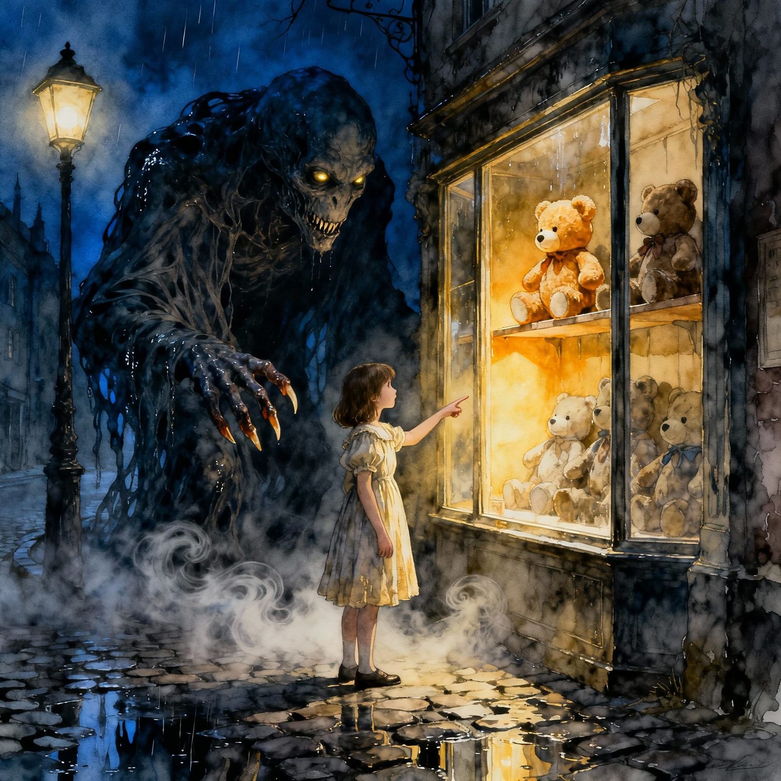 Fairytale Horror: Girl & Monster Seek Toy on Cobblestone Str...