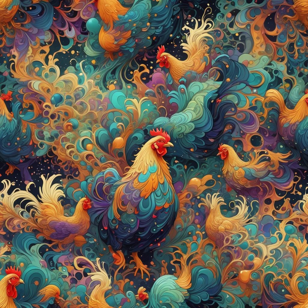 Ethereal Void: Floating Chickens in Abstract Aurora