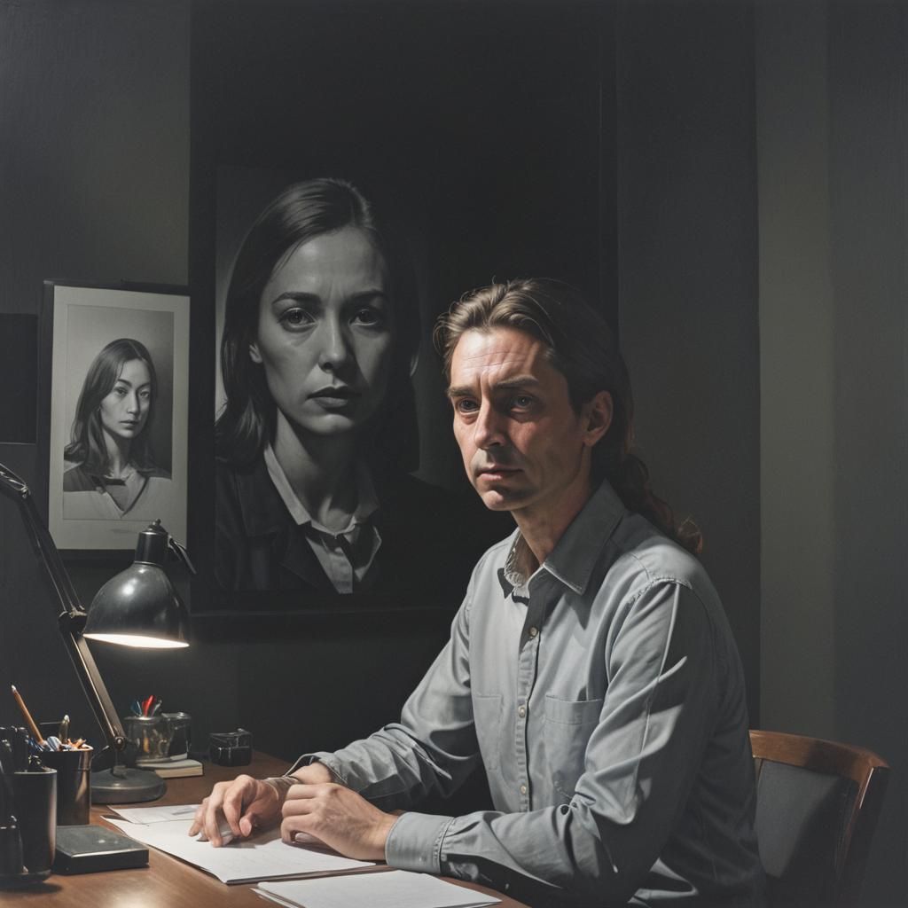 Man at Desk with Female Face Superimposed
