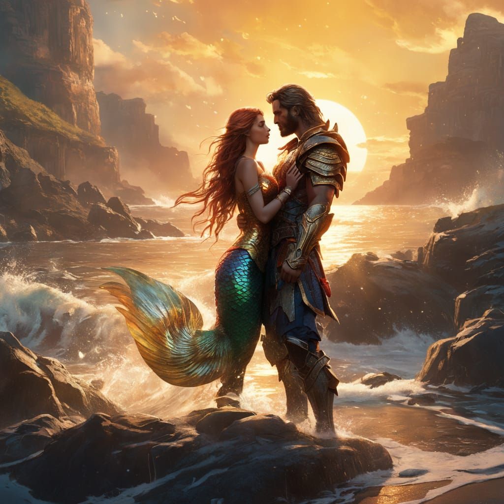 Epic Warrior and Iridescent Mermaid in Golden Hour