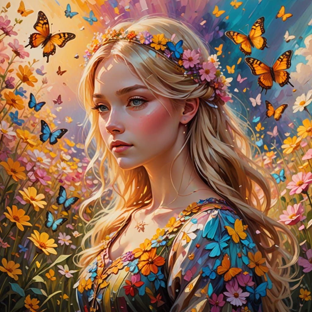 Elegant Princess in a Whimsical Flower Field