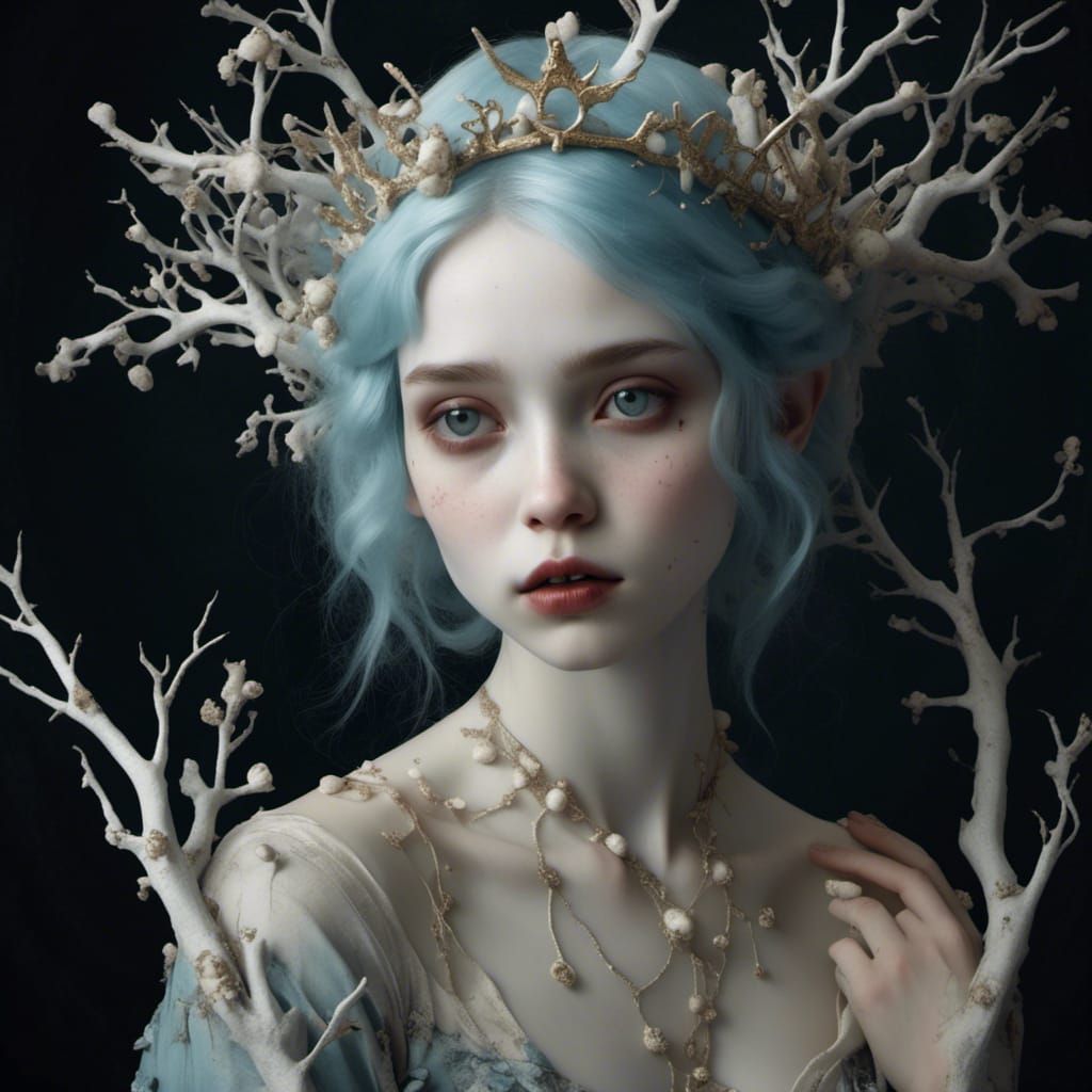 Ethereal Girl with Crown of Bones and Branches