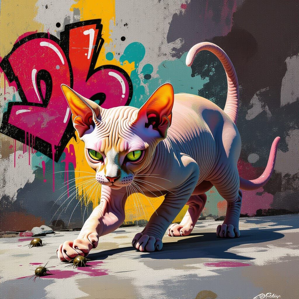 Sphynx Cat Stalking in Graffiti Art Style