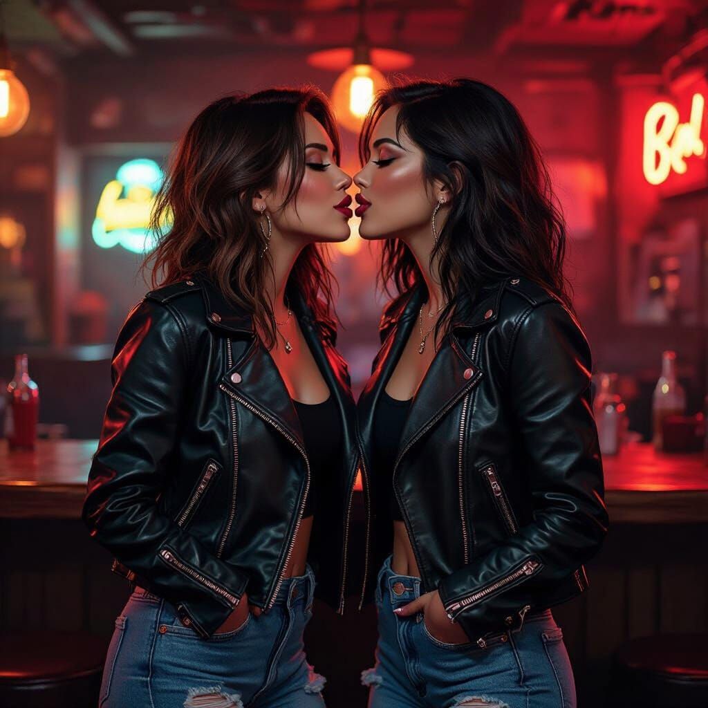 Women Kissing in Rock Bar, Leather Outfits
