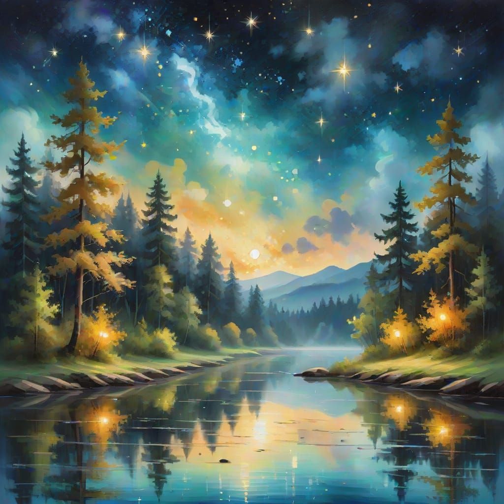 Impressionist Forest Clearing Under Starry Sky