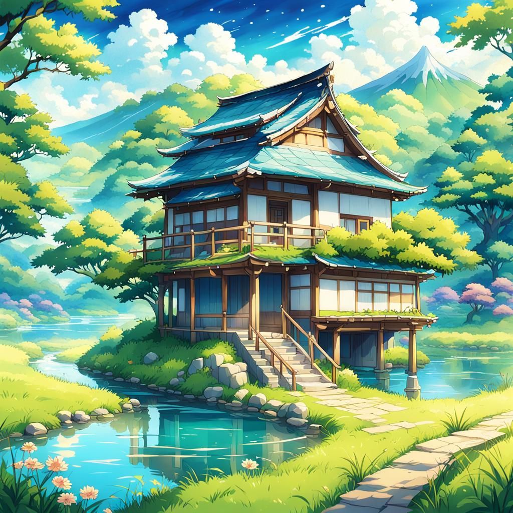 Japanese House in Anime Style With River
