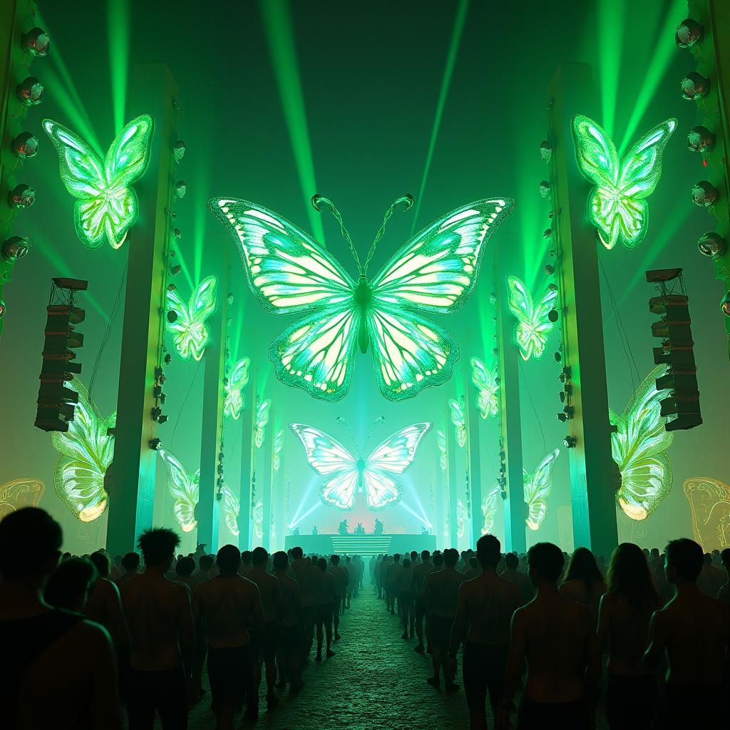 Ethereal Festival Stage with Neon Butterfly Lights