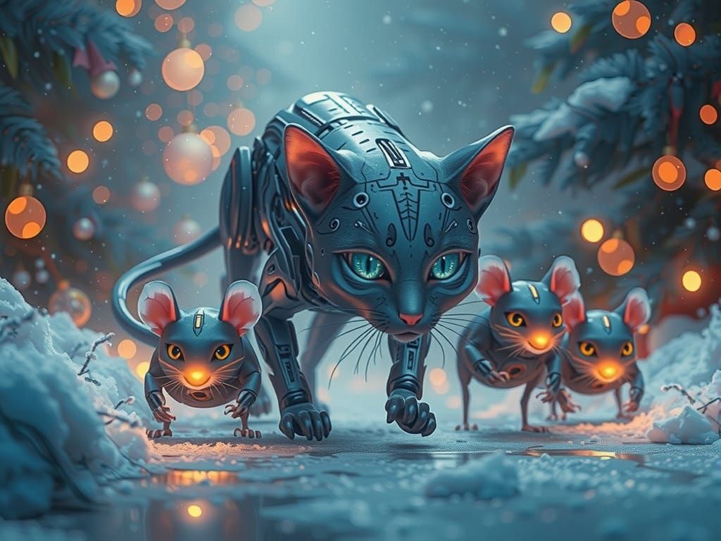 Cyborg Cat Chases Robotic Mice in Futuristic Christmas Scene