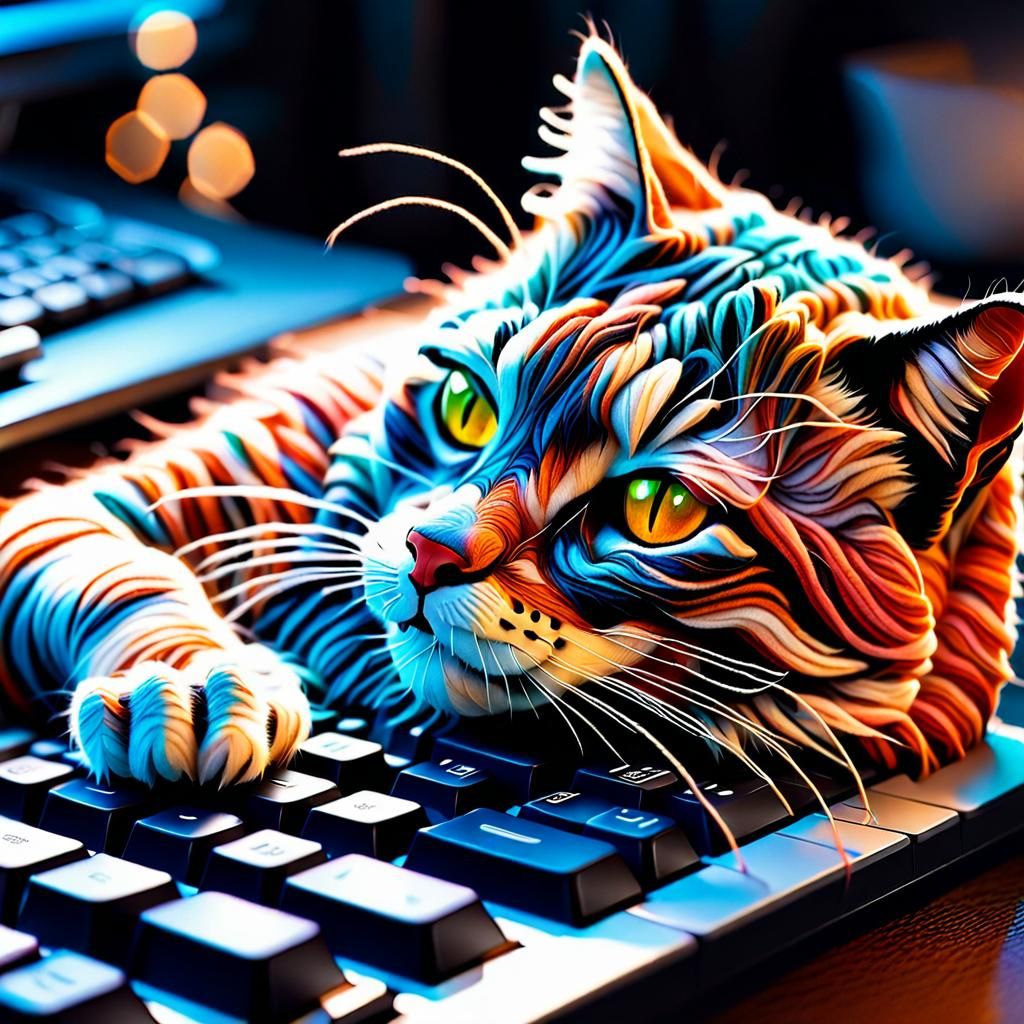 Cat Napping on Keyboard as 3D Felted String Art