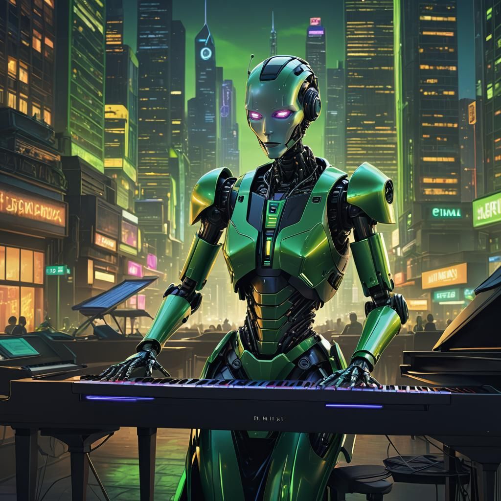 Robot Concert: Digital Piano in Futuristic Cityscape
