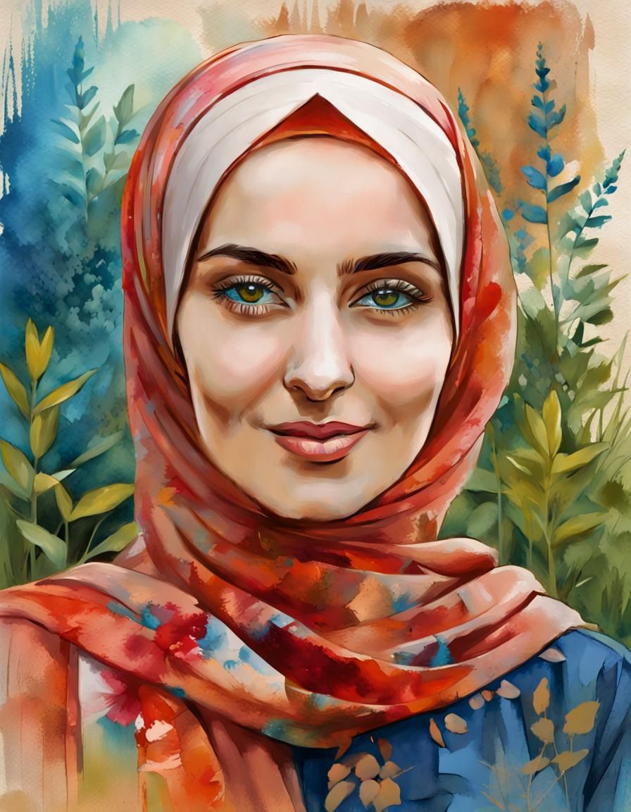Friendly Hijabi Woman Portrait in Pop Art Style