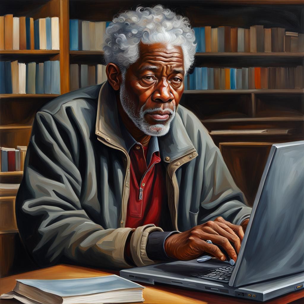 Emotional Portrait of Man Using Computer as Oil Painting