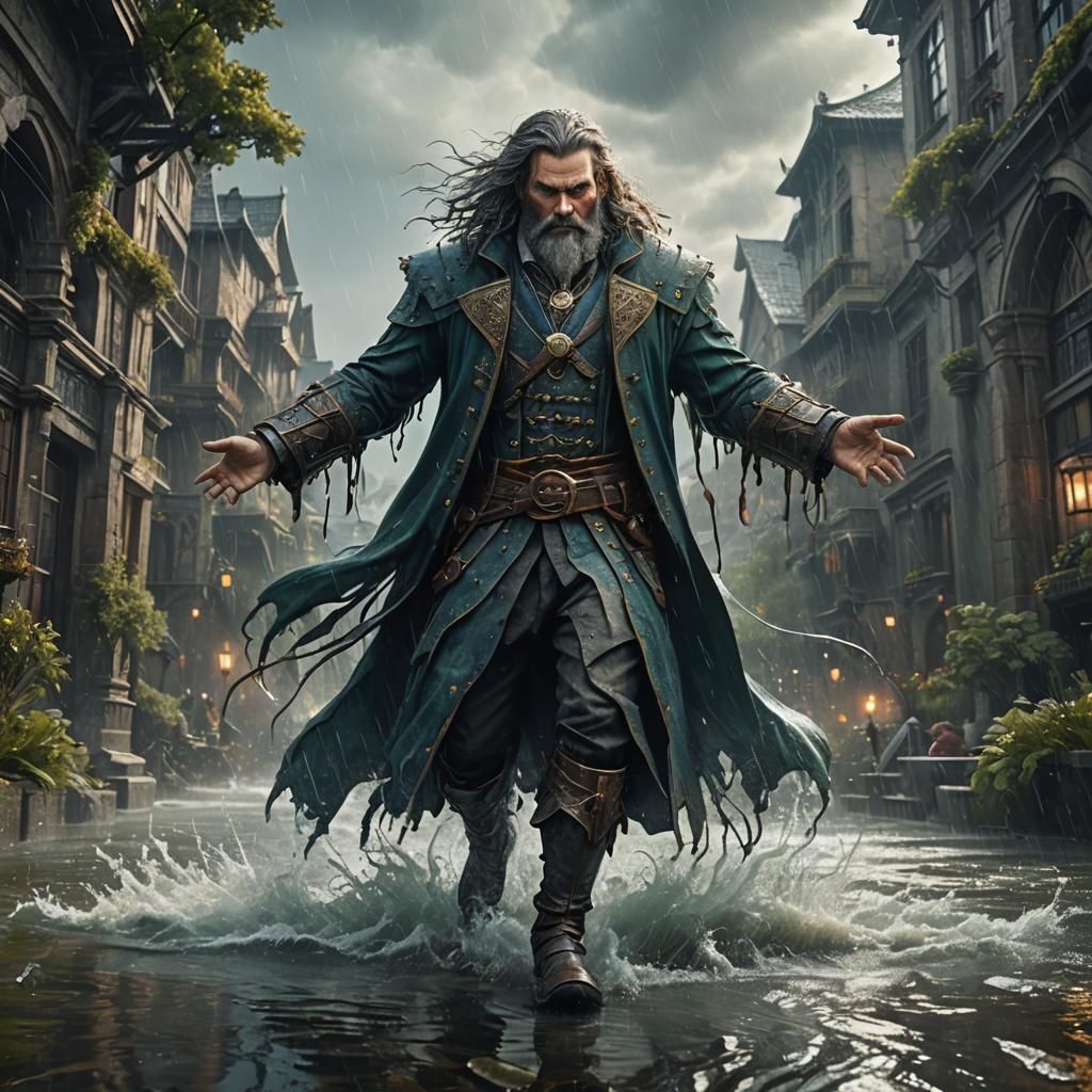 Man with Gray Hair Stands in the Rain