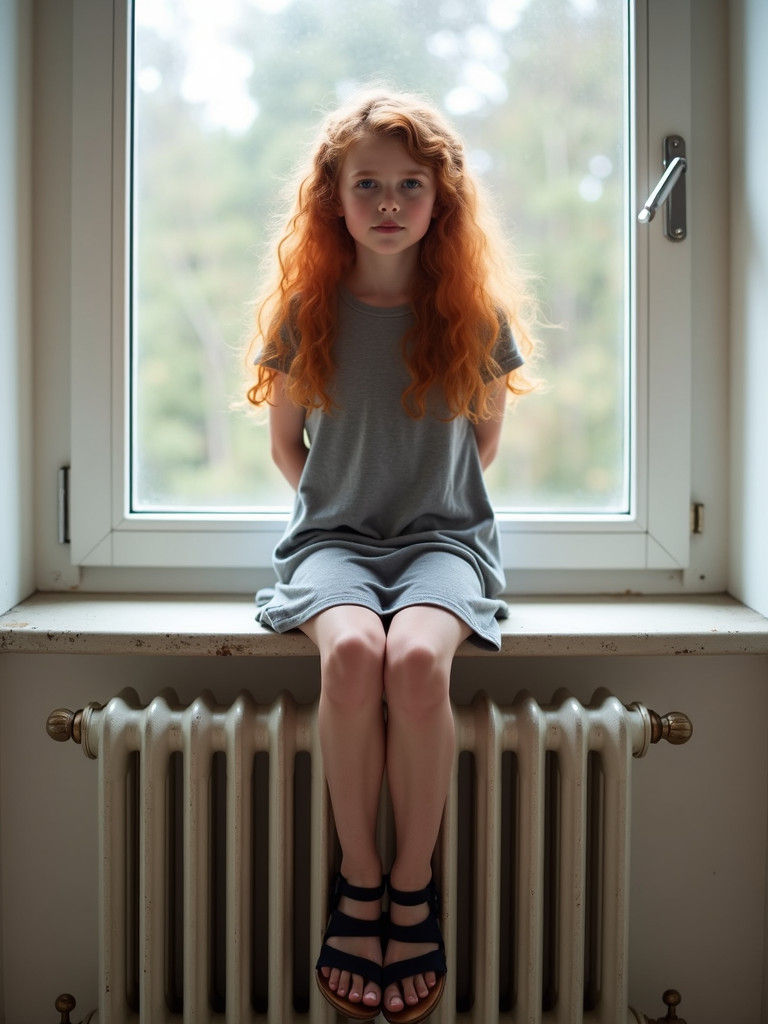 Young Girl on Central Heating Radiator with Blurred Trees Ou...