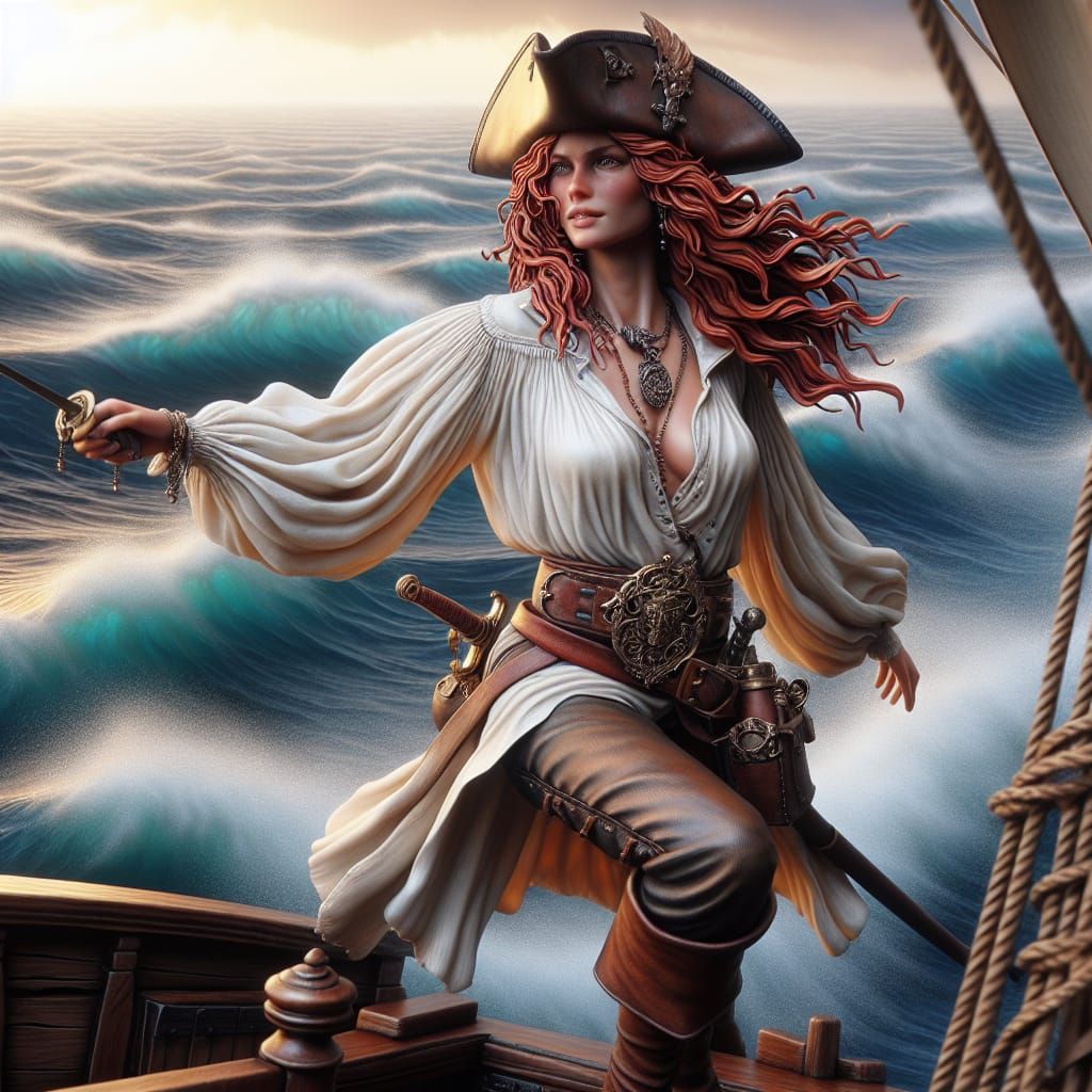 Female Pirate Steers Ship into Setting Sun