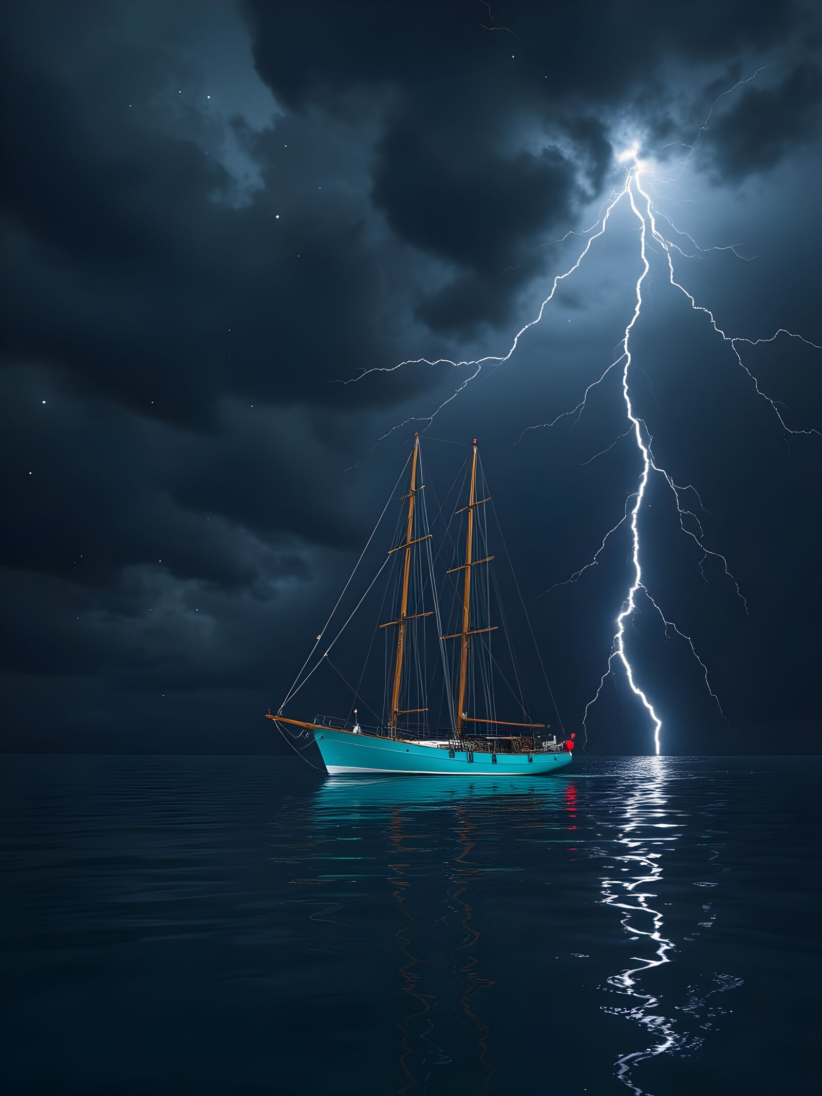 Turquoise Schooner Sailing Under a Starry, Stormy Sky