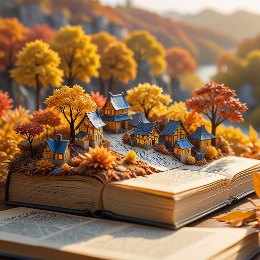 Origami Ancient City on Book Pages in Autumn Glow