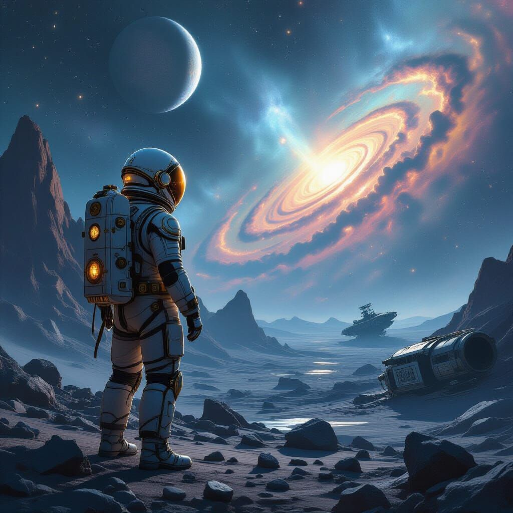 Steampunk Astronaut Gazes at Nebula on Asteroid
