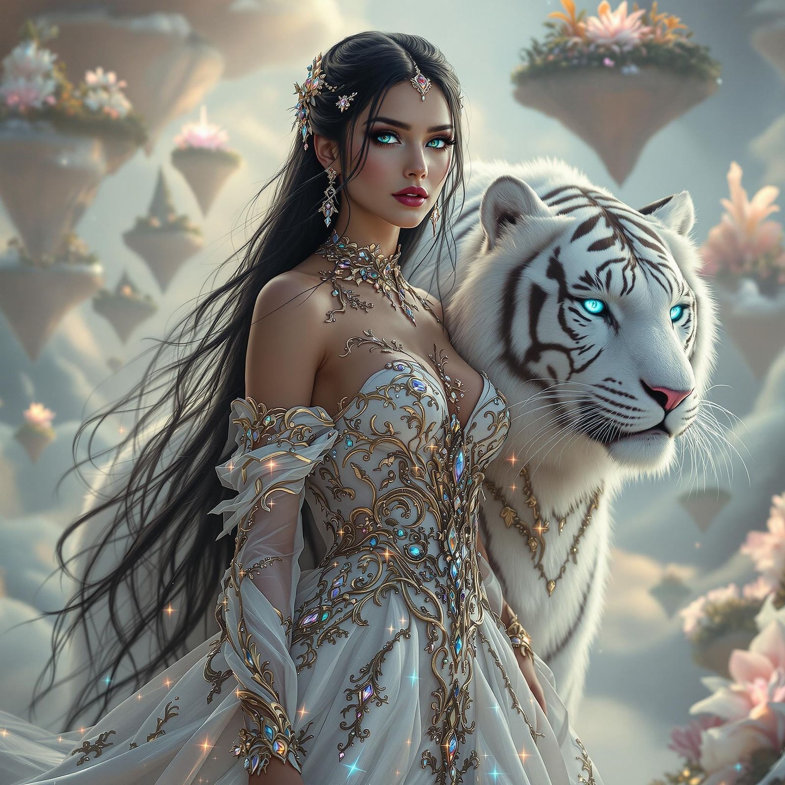 Surreal Portrait of a Confident Woman with Regal Tiger and E...