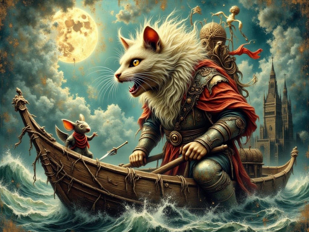 Heroic Mouse Knight and Cat on a Raft